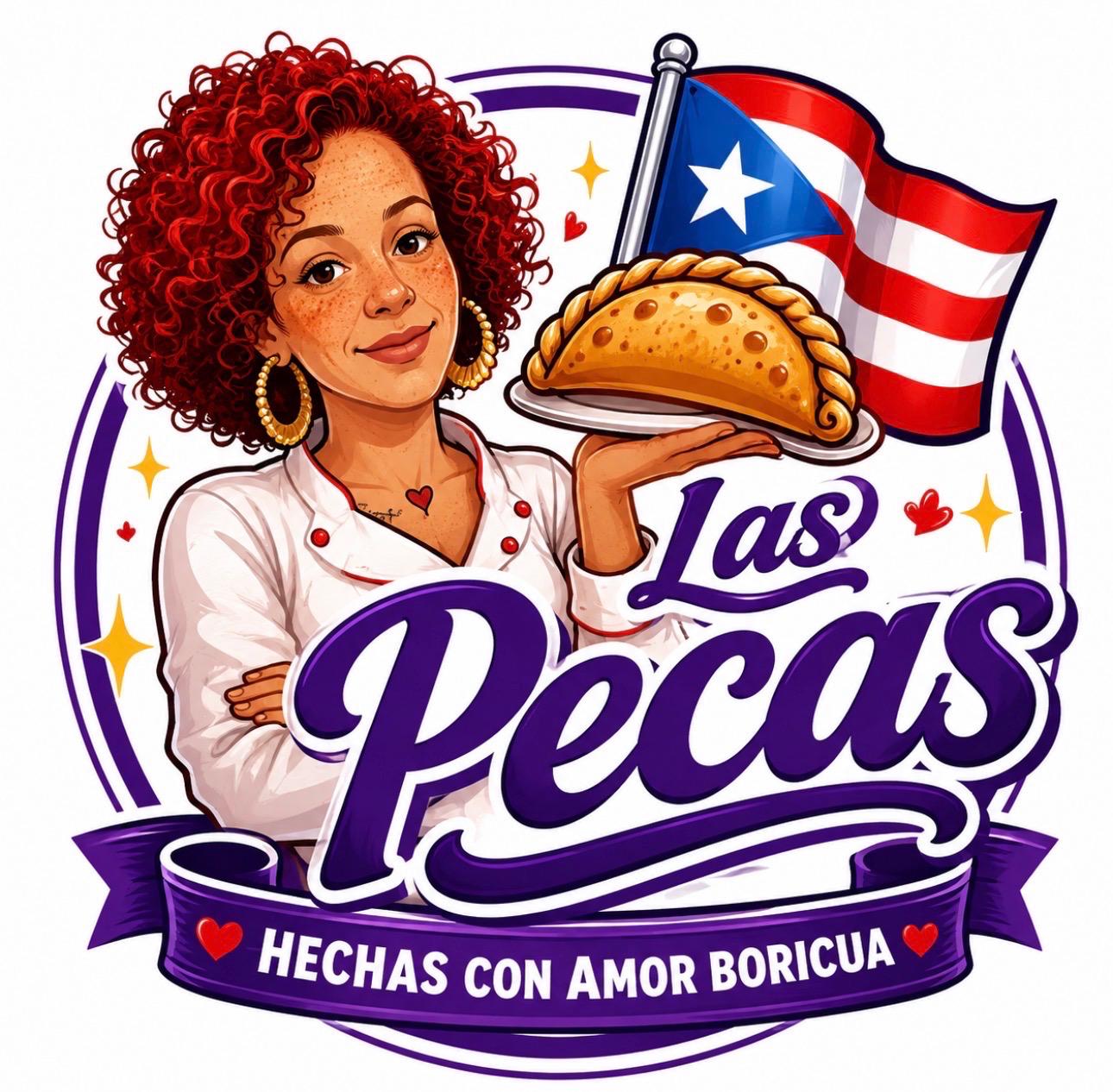 Las Pecas logo: chef holding an empanada beside the Puerto Rican flag